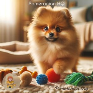 Pomeranian playing with toys