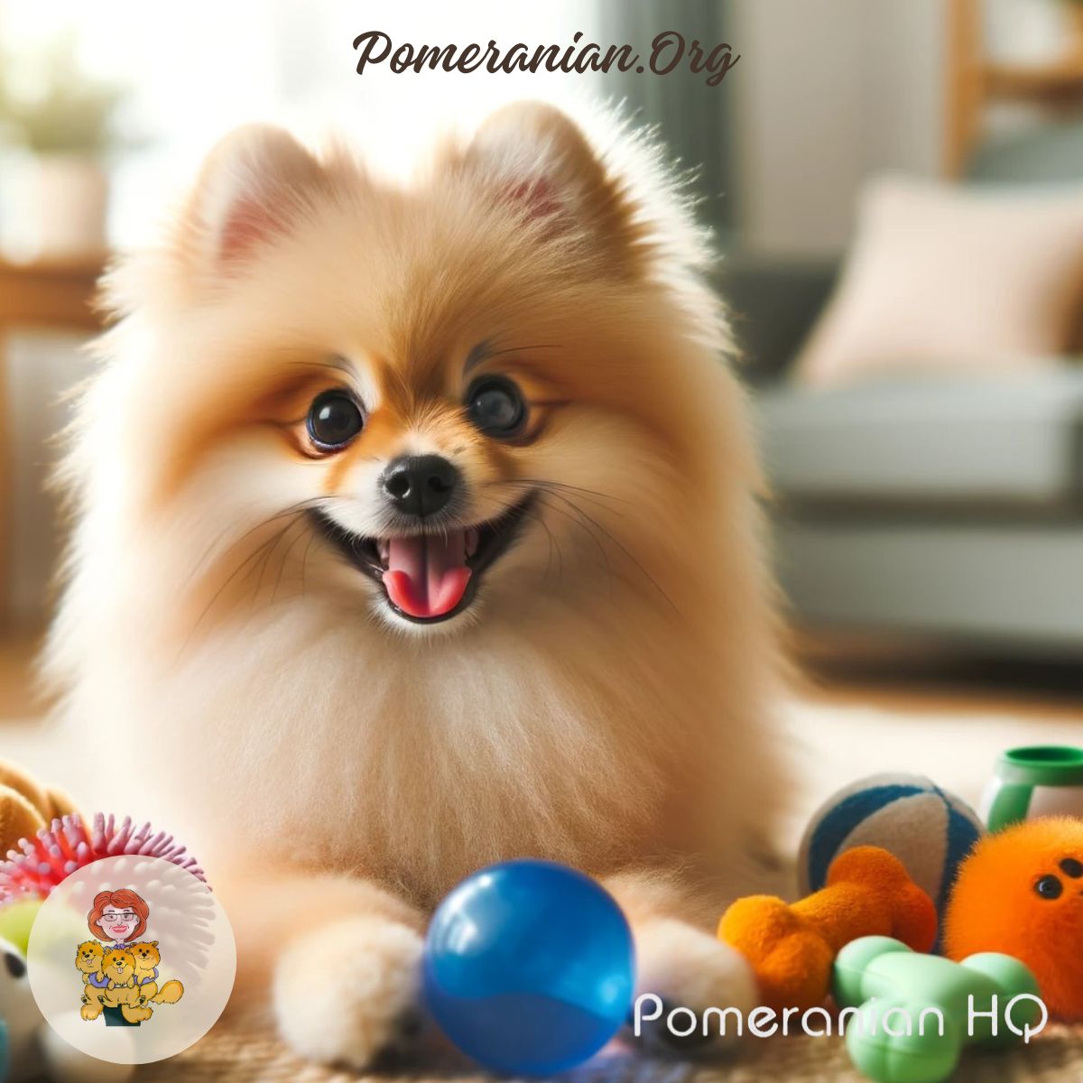 Pomeranian playing with toys