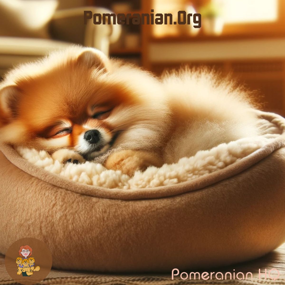 Pomeranian asleep in a dog bed