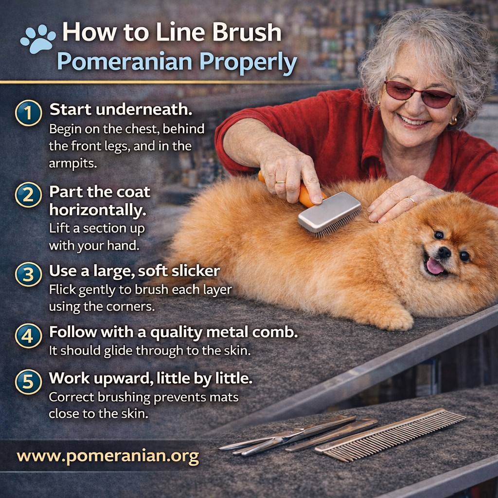 Line brushing a Pomeranian
