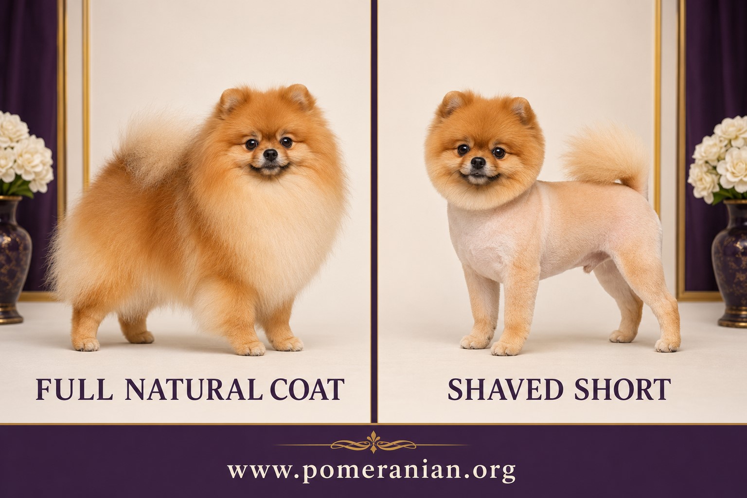 Left Pomeranian in full coat and right the same Pomeranian after shaving at the groomers.