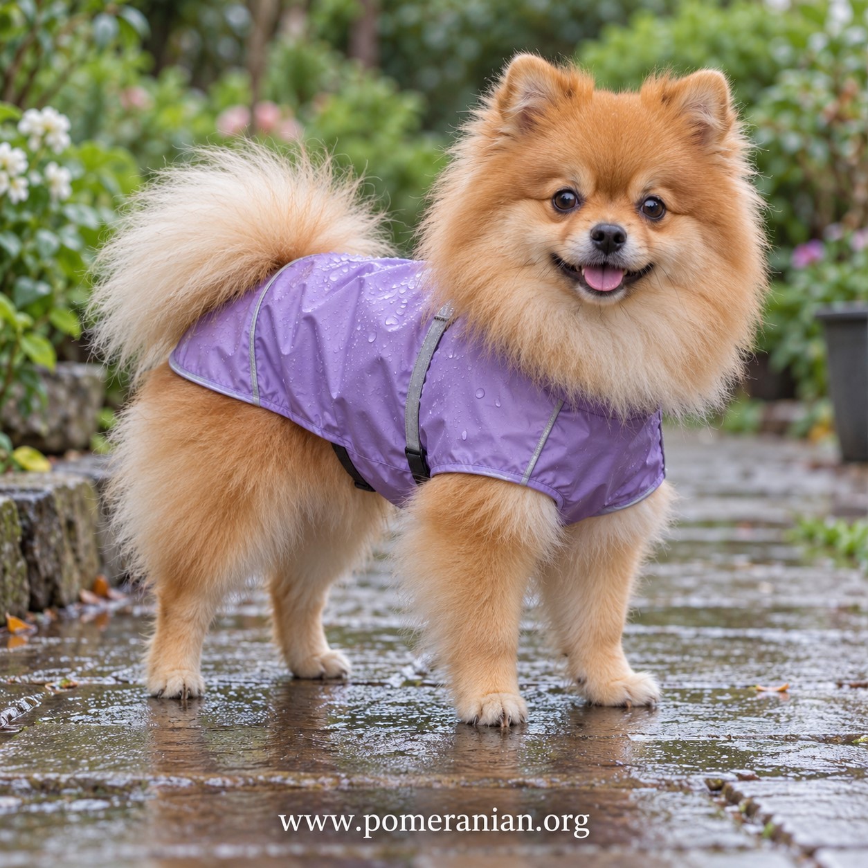 Pomeranian wearing a raincoat